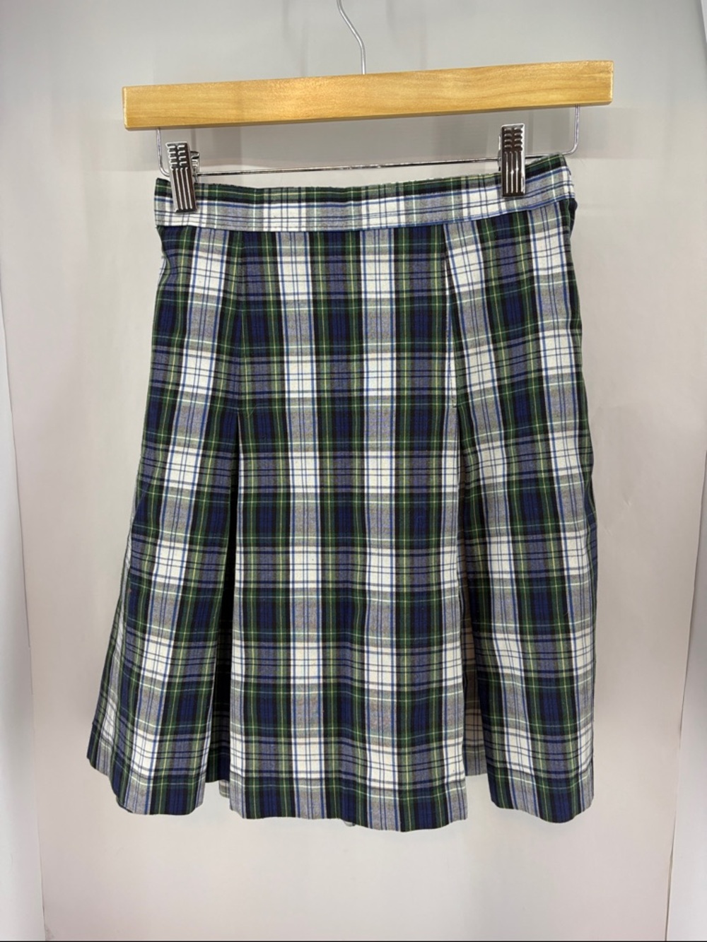 Classic Plaid Pleated Skirt in White, Green & Navy